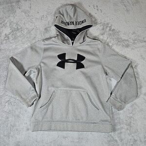 Under Armor Storm Sweatshirt Boys Large Gray Hooded Kangaroo‎ Pocket Chest Logo